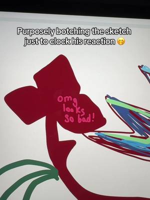 The cover image showcases a digital drawing in progress on a white background. A large, abstract red shape, resembling a flower, dominates the left side. Inside this red shape, a smaller pink text bubble contains the words "Omg looks so bad!". To the right, there are green and blue swirly shapes. Above, text in black describes the video’s scenario. The overall composition is simple, with clear, bright colors against a plain field, and a focus on the drawing process on a white background.