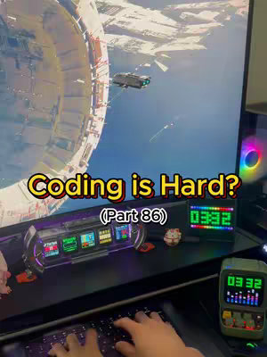 The cover image shows a person's hands on a keyboard, with computer and space-themed elements in the background. The text overlay provides context for a coding tutorial.