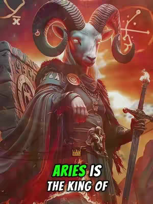 An image depicting a goat-headed figure with large horns, adorned in regal attire, seemingly an Aries representation. The figure is holding a sword, with dramatic red and gold hues in the background. Text overlay at the bottom reads, 'ARIES IS THE KING OF'.
