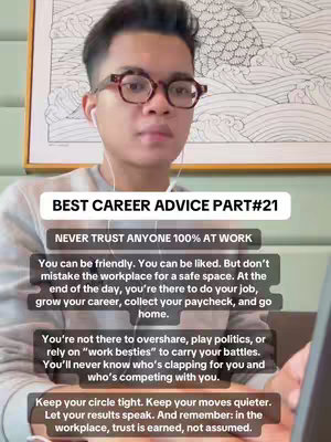 A man with glasses and a grey sweater is centered in the frame, with earbuds in, looking toward the camera. Text overlays are on the image, which provides career advice.