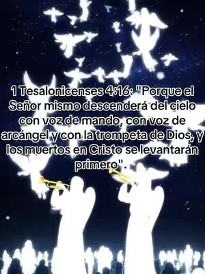 The image showcases a celestial scene with a night sky background filled with faint stars and numerous white, angel-like figures. Below, there are three distinct, light-filled angel figures, each holding what appears to be a golden trumpet. Above the central figure, there are additional angel figures along with a text overlay in Spanish.