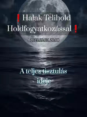 The image is a digitally created graphic depicting a full moon positioned above a calm body of water. The moon is large and centered, with a detailed surface. Above the moon, written in white text, are the words "Halak Telihold Holdfogyatkozással" (Pisces Full Moon with Lunar Eclipse or something similar). There are exclamation marks on both sides of this text. Below the moon, the date and time "2025.09.07.20:08" is also in white. At the bottom of the image, "A teljes tisztulás ideje" is written in stylized white font. The water in the foreground reflects moonlight, creating a tranquil, dark atmosphere.