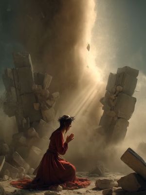 The image depicts a woman kneeling in prayer amidst a scene of destruction. She wears a red dress and a crown of thorns, hands clasped together in a gesture of supplication. The background is filled with dust and debris, with large stone structures crumbling or broken, and light beams shining through the dust, implying divine presence. The overall aesthetic is dramatic and evocative.