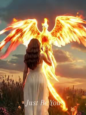 A woman in a white dress stands with her back to the viewer in a field, with a fiery phoenix rising in the background. The phoenix has outstretched wings of flames, its form suggesting rebirth and transformation. Text at the bottom reads 'Just Be You'.