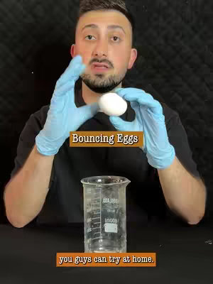 A man wearing blue gloves holds an egg in front of a beaker of water, with the text "Bouncing Eggs" overlaid on the image. The background is dark.