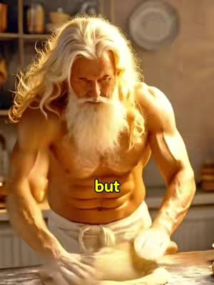 A shirtless man with long, white hair and beard is kneading dough on a wooden surface. He is lit with warm lighting, and the word 'but' is overlaid on the image.