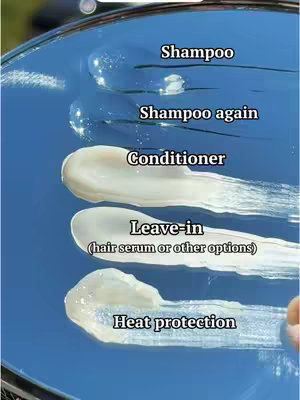 The image shows a reflective surface, likely a mirror, with several smears of different hair care products. Above each smear, there is text labeling the product: "Shampoo," "Shampoo again," "Conditioner," "Leave-in (hair serum or other options)," and "Heat protection." The background is a gradient of blues and greens, suggesting it was taken outdoors, possibly on a sunny day.