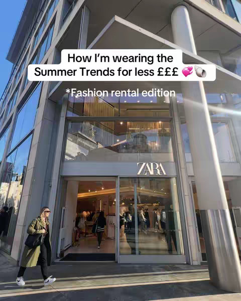 A woman is walking in front of a Zara store, wearing sunglasses and a long coat, with text overlays about summer trends and fashion rental.