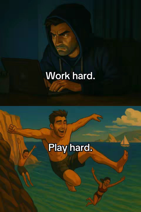 The image is split into two panels. The top panel depicts a man in a dark room working on a laptop, with the overlaid text "Work hard." The bottom panel shows a man jumping into water with other people, with the overlaid text "Play hard."