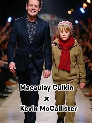 The image shows two figures, one adult and one child, walking side-by-side on a runway or catwalk. The adult on the left is wearing a dark suit with a patterned shirt, while the child is in a casual outfit with a scarf and hat. Text overlays identify the characters and their connection to a famous movie. The background is blurred with lights and people, suggesting a fashion show setting.