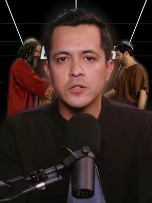 The cover image features a man speaking into a microphone, set against a dark background. Behind him are blurred images of biblical figures, creating a religious and motivational tone. The color palette is warm with the man's skin tone and the figures’ attire. The layout is centered, with the emphasis on the man in the foreground.