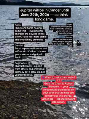 A scene of calm water with a dark tree line and sky visible in the distance under a black banner with white text; additional text in black rectangles with white text providing zodiac sign insights and a red text box at the image's bottom. A duck swims in the water.