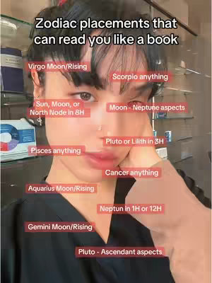 A selfie-style shot features a person directly facing the camera with a series of text labels overlaid on their face. The person is fair-skinned, with dark hair styled above the forehead. The text labels are various zodiac signs, with each enclosed in a red box. Behind the person are blurred elements suggesting an indoor setting. The overall composition uses a headshot layout with an emphasis on text and astrology references.