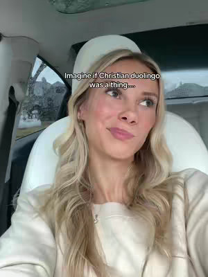 A woman with long blonde hair is seated in the driver's seat of a car. She is wearing a light-colored sweater and a delicate necklace. Text overlayed across the top of the image poses a question.