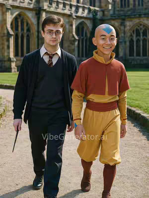 Two figures, one resembling Harry Potter and the other Aang from Avatar: The Last Airbender, walk side-by-side outdoors. They are in a courtyard, with an attractive stone building behind them, and green grass and plants to the side. The light is clear and the overall tone is playful.