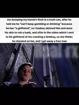 The image shows a scene from what appears to be a movie, with a man looking up towards the viewer in the bottom center. He is in an alleyway setting, lit dimly with light sources from above. Text appears to be added at the top, describing an elaborate and violent story.