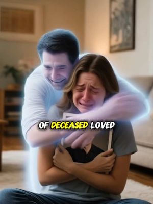 An image depicts a woman crying and hugging herself, with a translucent male figure embracing her from behind. Text overlay is present. The color palette is muted, with a blend of blues and neutral tones, creating a somber atmosphere. The composition emphasizes emotional distress.