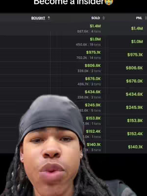 A man with dreadlocks wearing a black durag is featured in front of a screen displaying financial data. The screen shows columns labeled "BOUGHT," "SOLD," and "PNL" (Profit and Loss), along with numerical values, suggesting a cryptocurrency or stock market context. The image is a selfie style with the man looking directly at the camera. The text overlay at the top reads "Become a insider" with a surprised emoji suggesting insider information.