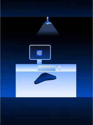 A digitally rendered scene featuring a desk, a computer monitor displaying a logo, a keyboard, a mouse, and a blue object that may be a seat, all under a spotlight.