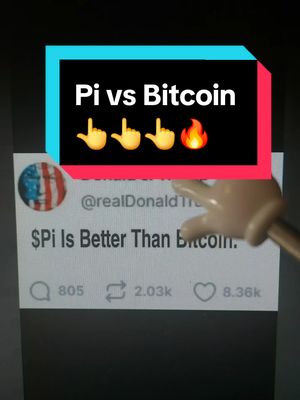 The cover image is a screenshot of a Twitter post on a dark background. At the top, a rectangular box with a gradient of teal and red holds the text 'Pi vs Bitcoin' in white. Below the text are three finger-pointing emojis followed by a fire emoji. Below that is part of a tweet by @realDonaldTrump that says '$Pi Is Better Than Bitcoin'. A hand with a neutral skin tone is reaching out to point at the text.