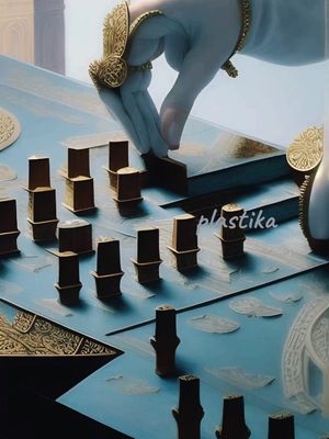 An artistic, AI-generated image depicting a hand adorned with ornate gold jewelry playing a game on a stylized board. The board has a light blue surface and has many pieces on its board. The color palette is muted, with gold, blue, and white tones dominating the scene. The composition focuses on detail and precision, highlighting the arrangement of the game pieces and the elegant hand.