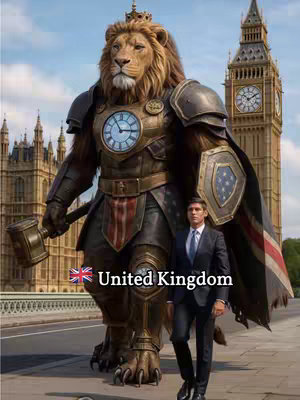 The image presents an AI-generated scene with a lion-headed figure clad in armor, wielding a hammer and standing next to a man in a suit. The background features the Big Ben clock tower in London. Text indicating the country is overlaid at the bottom