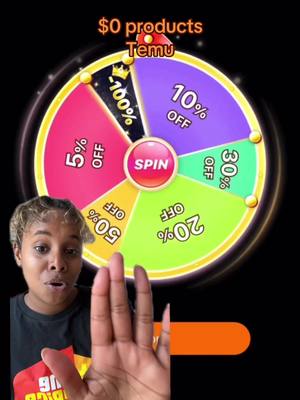 A woman with short blonde hair is in the foreground, looking surprised with her mouth slightly open and her hand raised in front of her, palm facing the viewer. Behind her is a colorful wheel with segments labeled with percentages and the word "OFF." At the top of the wheel are the words "$0 products" and the logo for Temu. The lighting appears to be bright, and the background is dark.