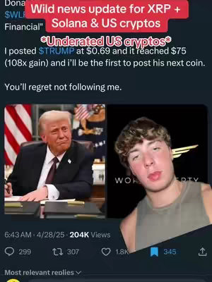 The cover image is a split screen. The left side is a screenshot of a Twitter post with text overlayed, featuring a photo of Donald Trump. The right side shows a young man with short, wavy brown hair and a grey tank top. The background behind him is black with a gold emblem. The text overlay in a red box at the top of the image, announces a news update on cryptocurrency.