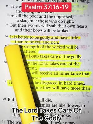 The image features an open book with a Bible verse highlighted in yellow. A yellow highlighter is positioned diagonally across the page. The background is out of focus, but the focus is directed primarily to the scripture excerpts in the image.