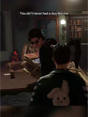 The image shows a scene from a video game, likely a horror or thriller, set in what appears to be a dimly lit, old-fashioned study or library. In the foreground, the back of a person wearing a dark green jacket is visible with a white bunny patch. In the middle of the frame, a person is leaning over a stack of books, possibly examining them. The background shows a bookshelf, a side table, and a red-lit prop adding to the eerie atmosphere, with text overlayed at the top of the image.