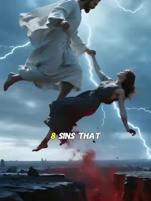 An AI-generated image depicting a celestial scene. In the foreground, a partially visible, fiery hellscape appears, with jagged formations emitting red and orange hues. Above, a man in white robes is reaching down to a woman in a dark dress, both floating in a cloudy sky with visible lightning bolts. The text overlay '8 SINS THAT' is in yellow.