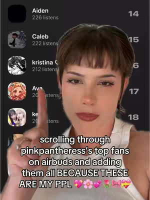 The cover image shows a woman in a close-up selfie, with a split screen of airbuds app features. The woman is pointing at the screen with her index finger. The background shows names and profile images of people.