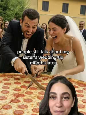 A cover image featuring a selfie of a woman in the foreground, with the background depicting a wedding scene. In the backdrop, a couple is cutting a giant pizza with a knife, everyone wearing smiling faces and looking happy. Text overlay at the top of the image.