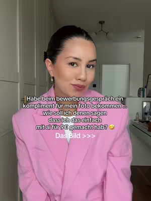 A woman in a pink blazer stands with a background likely of a wardrobe or closet. Text overlays are present.