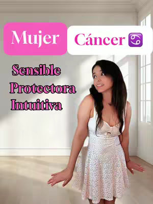 A woman in a white dress stands in front of a wall, with overlaid text on her left and a speech bubble that says "Cáncer" to the right. She is looking to her right side with slightly open mouth.