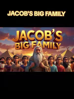 A digitally rendered image featuring a stylized group of men standing in front of a sunset. In the center is a man with a long white beard, wearing a light brown robe. Around him are a group of younger men with varied hairstyles and expressions. Above the figures is the text 'JACOB'S BIG FAMILY' in a large, stylized gold font.