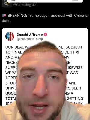 A close-up shot of a man with short hair, overlaid on a Twitter post by Donald Trump. The man's face is centered, showing a slightly concerned expression. The background is a black and white screenshot of a tweet.