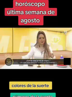 The image shows a woman on a TV set, likely a studio for her show. Above her head is a red banner reading 'horóscopo ultima semana de agosto', with additional text at the bottom. Below on display are two more panels in different colors.