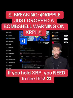 The cover image displays a man appearing in front of a Twitter page on a black background with a red callout. The Twitter page shows information for Ripple, the man in the image is also visible, in a black jacket. The upper section features red rectangular banners with white text. The lower section has similar banners with white text. The overall color scheme is dark with red and white highlights.