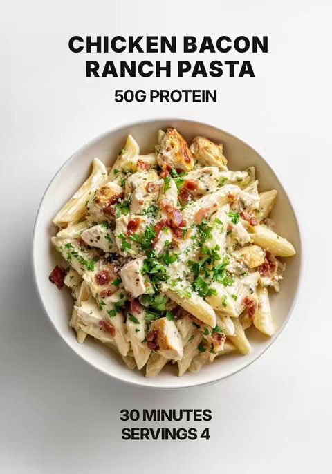 A top-down shot of a white bowl filled with pasta, chicken, bacon, and parsley, set against a plain white background. The pasta is penne, coated in a creamy, off-white sauce. Chunks of cooked chicken and crispy bacon pieces are scattered throughout. Finely chopped parsley adds a touch of green on top. The image is lit evenly, and the bowl is positioned slightly off-center, creating a clean and appealing composition.