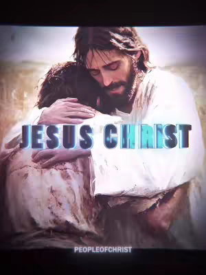 The image features a depiction of Jesus Christ embracing another person, likely a follower, with tenderness. Above the figures and near the center, bold text reads 'JESUS CHRIST' in a stylized font. The background is blurred, with hints of a natural outdoor setting, possibly a field or sky. The overall composition aims to evoke feelings of comfort and faith, with a soft, muted color palette.
