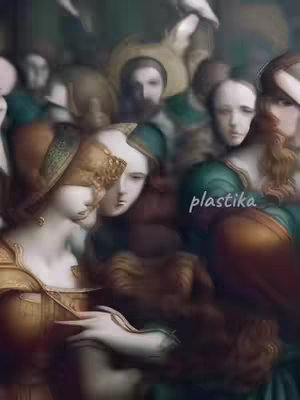 A digital artwork with a blurred, dreamlike quality. The composition is filled with figures, primarily women or those with feminine features, dressed in historical attire. The color palette leans towards muted greens, browns, and golds, contributing to an overall antique aesthetic. The figures are grouped closely, suggesting a crowded setting. The artist's watermark 'plastika' is subtly placed in the lower right corner.