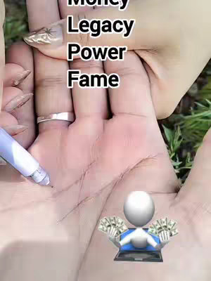 The image shows a close-up of a person's hand with text overlays. The hand is light-skinned with long, manicured nails and a silver ring. The text overlay includes the words "Money", "Legacy", "Power", and "Fame" stacked vertically. A small, animated character of a person holding money is also visible, along with a pen. The background is blurred, suggesting an outdoor setting.