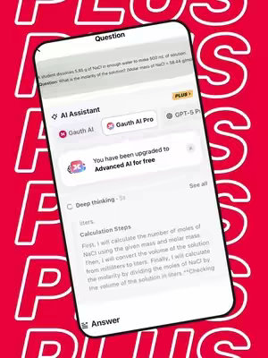 The cover image is a vertical shot of a smartphone, angled slightly. The phone screen displays a chemistry question, a solution from a chemistry app Gauth Plus to an equation. The background is red, with the repeating word "PLUS" in white, stylized letters, creating a design element.
