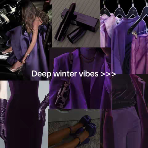 A collage of images showcasing items in the deep winter color palette, dominated by shades of purple. The composition is divided into sections, including a woman in a satiny purple dress, lipsticks, garments on hangers, and shoes. The text overlay reads "Deep winter vibes >>>".
