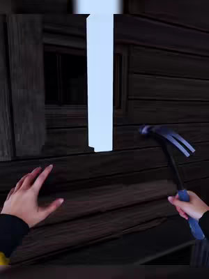 The cover image shows a first-person perspective of someone inside a building with wooden walls. A window-like opening in the wall is bright blue. A hand is reaching out to the wall with a hammer.