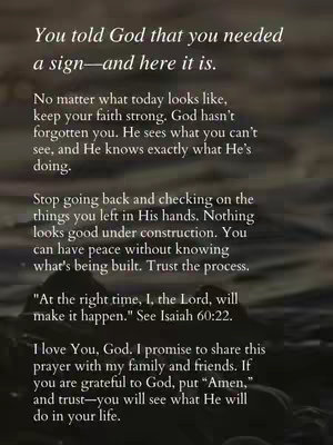 A vertical image featuring text laid over a blurred, dark, textured background. The text is a quote about faith and trust, with the first line in a larger, bold font. The overall composition is designed to be inspirational and encouraging.
