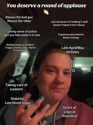 A selfie-style image with a person inside a car, the person is looking at the camera with a thoughtful expression. Text is overlaid on the image with phrases like 'You deserve a round of applause', and other related prompts.