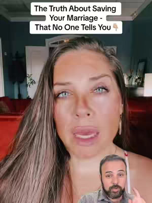 The cover image features a woman with long brown hair and light eyes in a close-up shot, set indoors. She is the primary focus, with text overlaid at the top. A smaller inset of a man speaking appears in the lower right, adding to the composition.