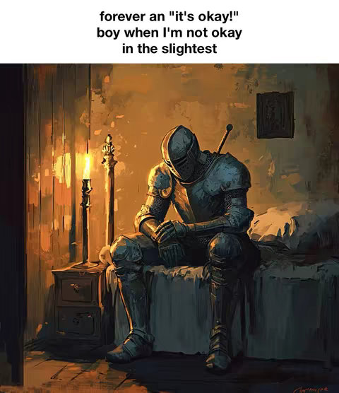 An artistic image depicts a knight in full armor sitting on a bed in a dimly lit room. The knight has a helmet on, hiding the face, and is hunched over with hands clasped. Behind the knight is a nightstand with a burning candle, suggesting a contemplative or melancholic mood, with the overall color palette is warm and muted.